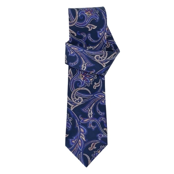 Dolcepunta Men’s 100% Silk Necktie Paisley Navy Yellow Red Made in Italy Tie EUC - Picture 3 of 9